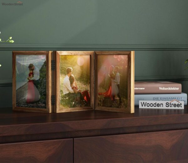 Dino Triple Folding Photo Frame (Natural Finish)