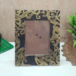 Black Gold Rustic Hand Carving Handpainting Mango Wood Table and Wall Photo Frame