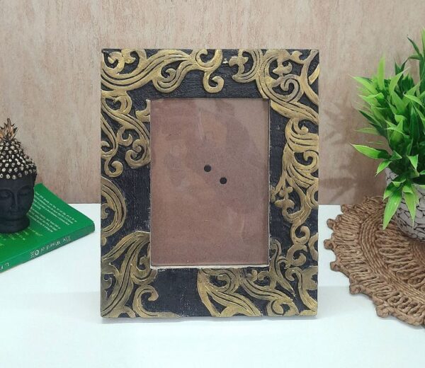 Black Gold Rustic Hand Carving Handpainting Mango Wood Table and Wall Photo Frame