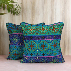 Riwaaz Printed Cushion Cover (Green,Blue) - Set of Two
