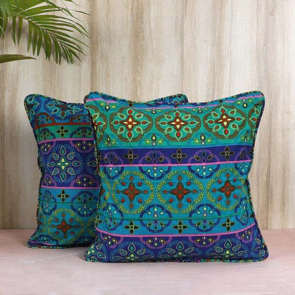 Riwaaz Printed Cushion Cover (Green,Blue) - Set of Two