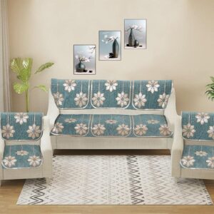 Mitha Flora Sofa Cover (Turquoise) - Set Of Six