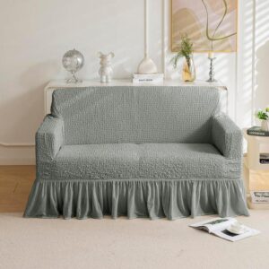 Refined Ruffles Solid Sofa Cover (Grey) - Two Seater