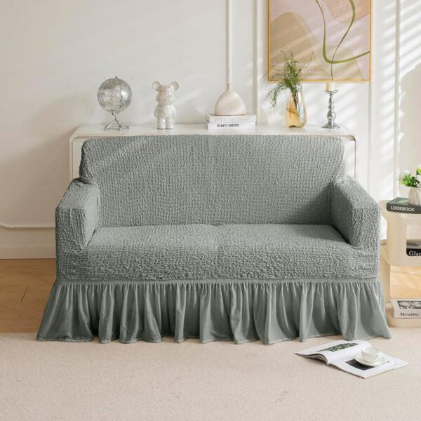 Refined Ruffles Solid Sofa Cover (Grey) - Two Seater