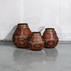 Antique Iron Red Hand Painted Pots Set of 3