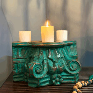 Candle Holder - Wooden Rustic Green / Gold