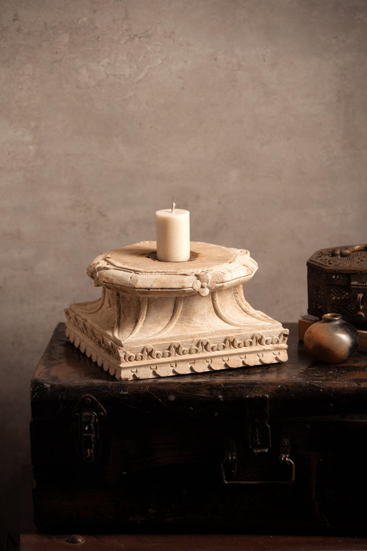 Vintage  Handcarved Wooden Candle Stand - Square
