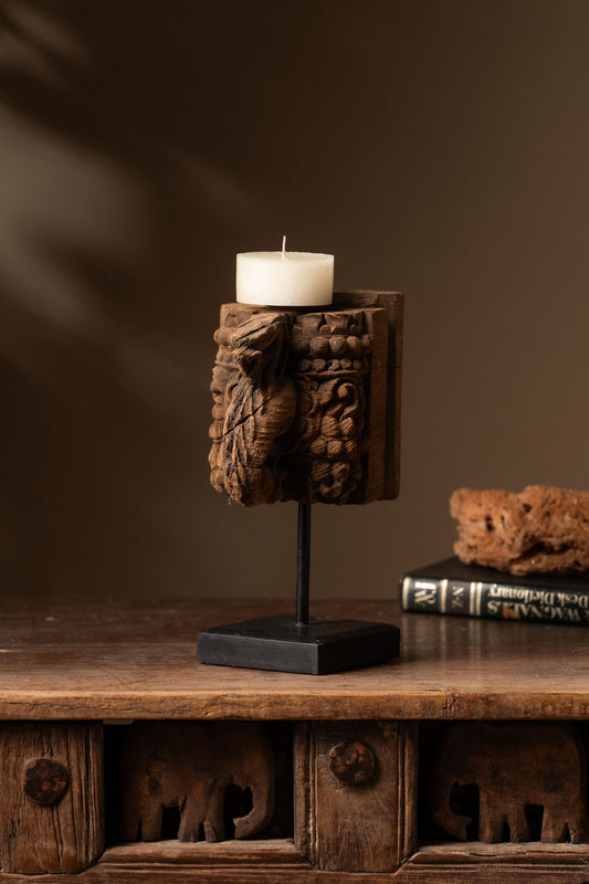 Vintage Carved Wooden Candle Holder - Design 1