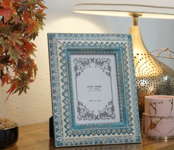 Israh Blue and White Abstract Mango Wood Photo Frame
