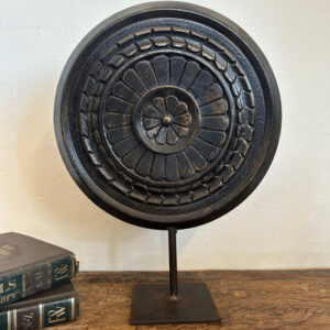 Wooden Carved Wheel on Iron Stand
