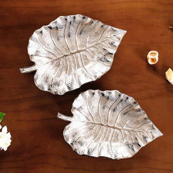 Silver Colocasia Leaf Metal Tray Set Of 2