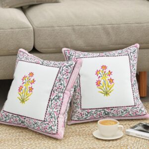 Basanti Bloom Jaipuri Block Print Cushion Cover - Set Of Two