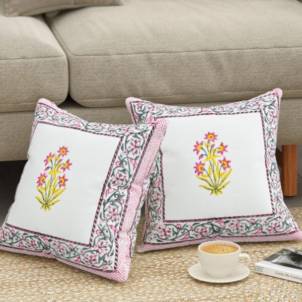 Basanti Bloom Jaipuri Block Print Cushion Cover - Set Of Two